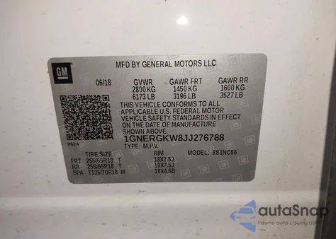 2018 Chevrolet Traverse 1Lt z USA, uszkodzony, nr VIN 1GNERGKW8JJ276788